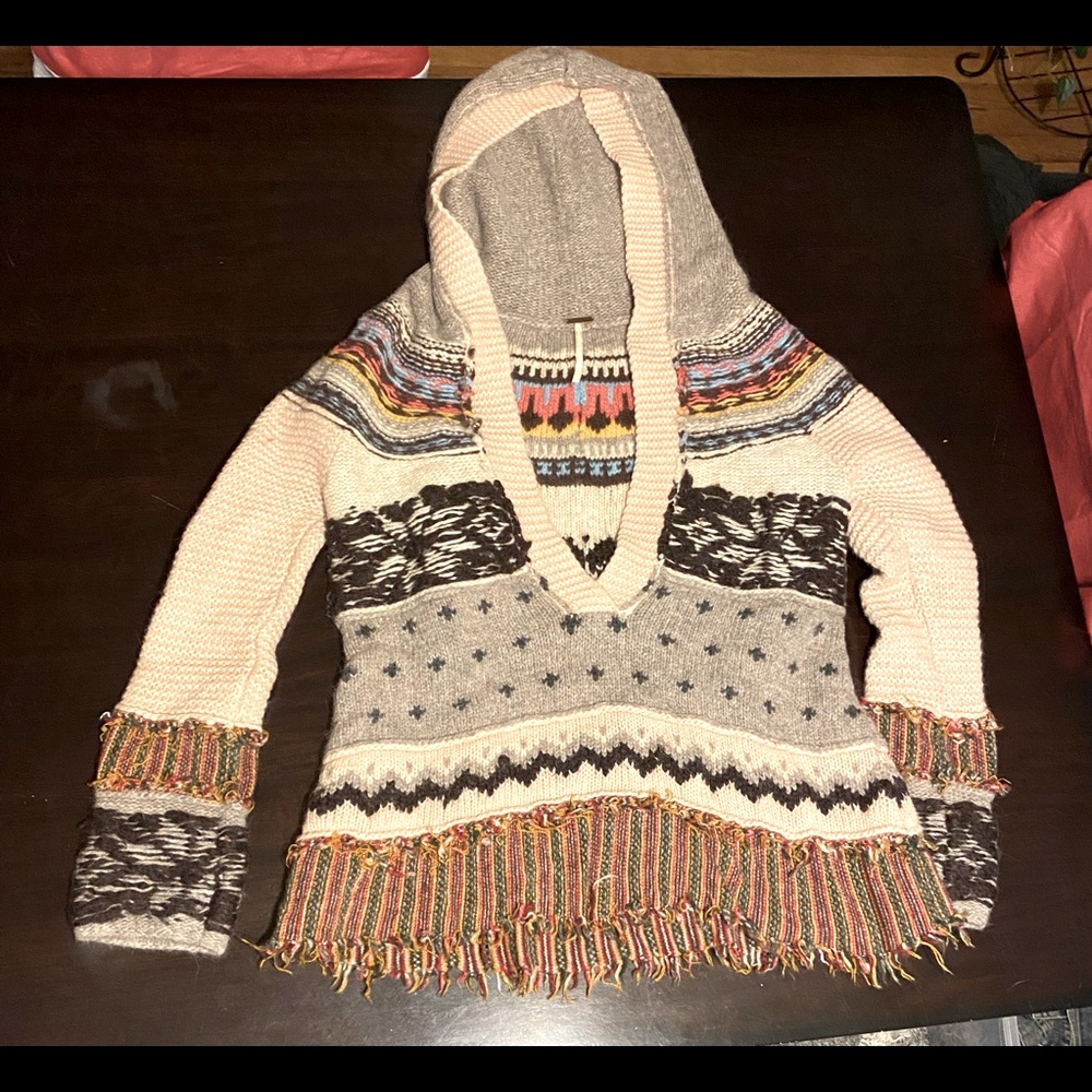 Free People Multicolor Hooded Knit Poncho Sweater